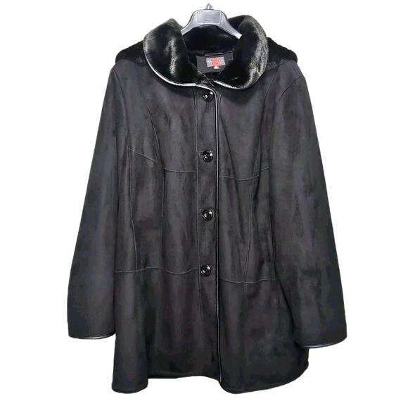 Gallery Woman Winter Coat Womens Plus Size 3X Black Faux Fur Leather Hood Pocket - Picture 1 of 11